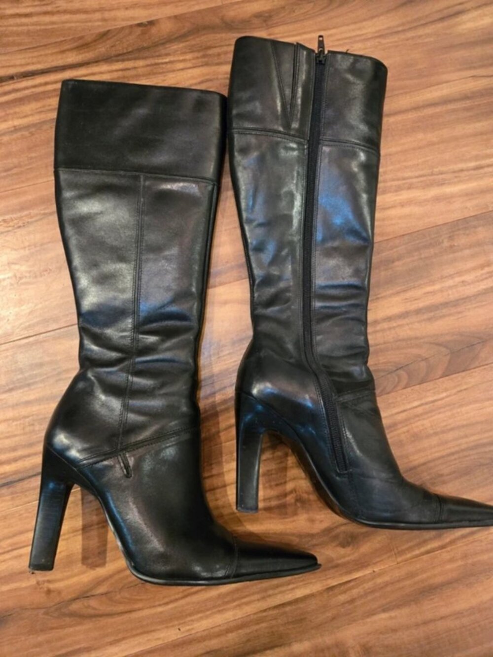 Aldo women’s Black Leather Knee High Boots Heeled Pointed Toe Size 6.5